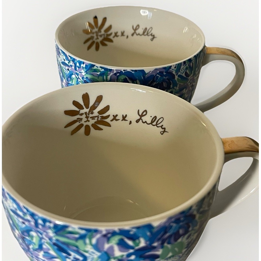 Lilly Pulitzer 2pc Blue Floral Coffee Mugs Gold Handle 12oz EUC